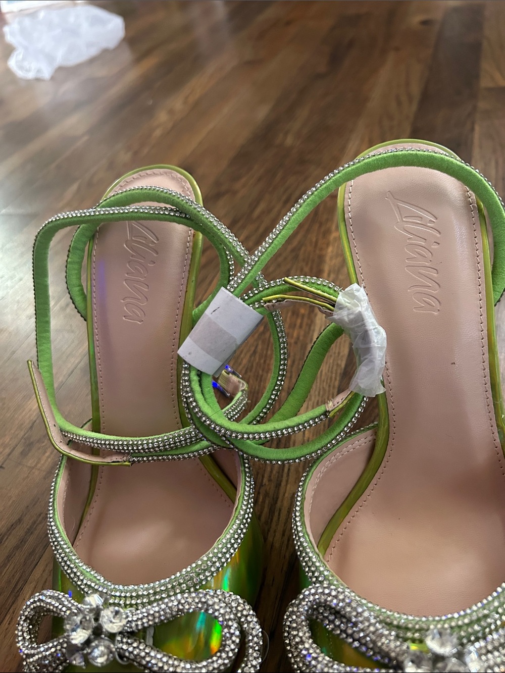 Liliana Iridescent Lime Green Pointed Toe Heels with Crystal Bow - Picture 2 of 5